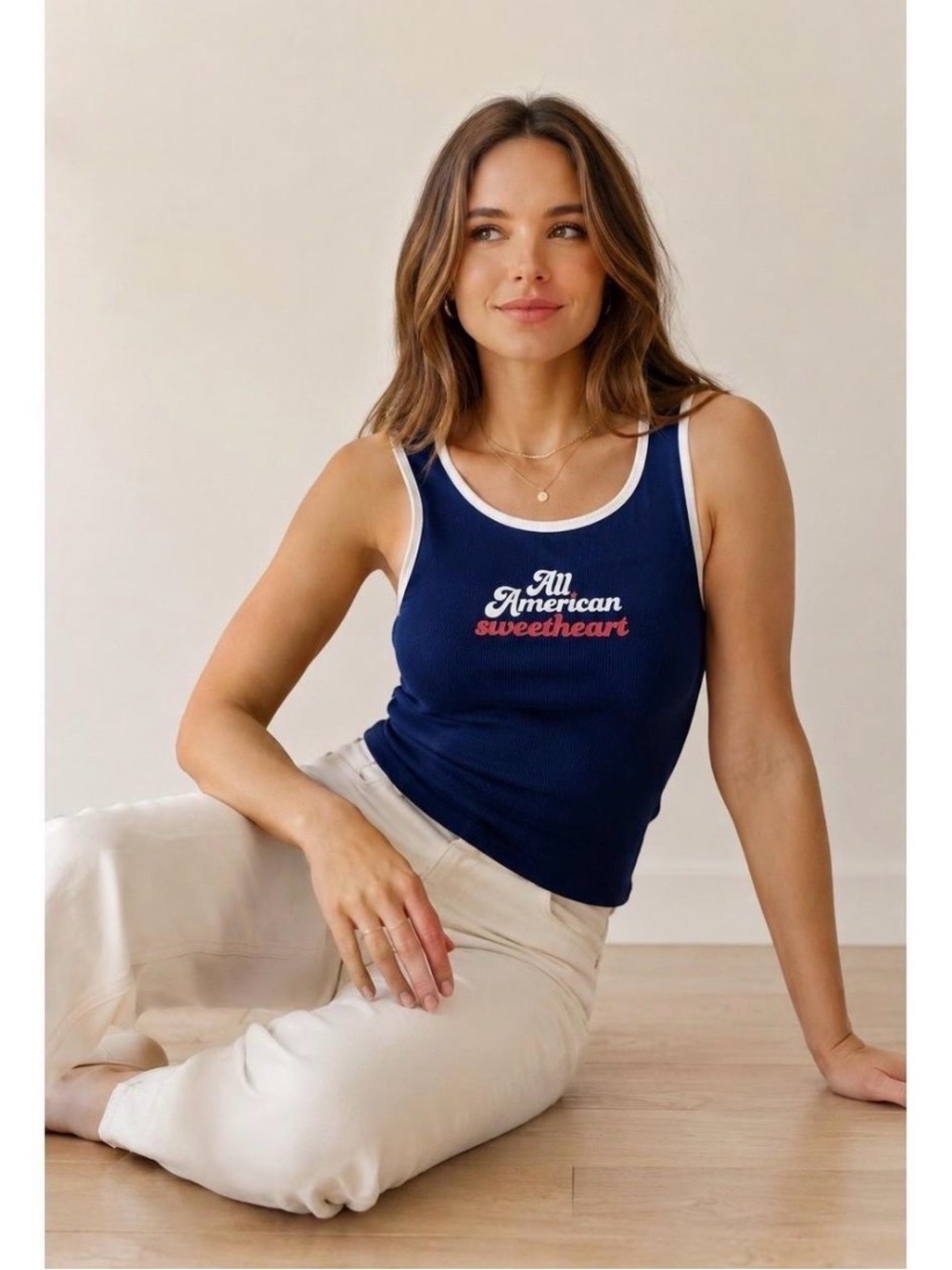 wild fable Navy Ribbed Tank with White Trim and Red Script